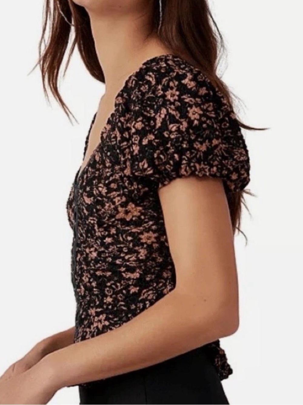 Free People Black Puff Sleeve Floral Lace-Trim Blouse oh baby corset medium - Picture 4 of 11